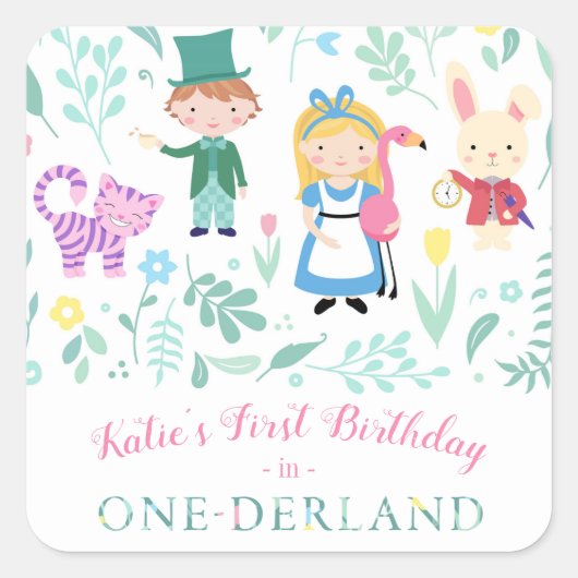 Alice in Wonderland | Eén-derland verjaardag Vierkante Sticker (Voorkant)