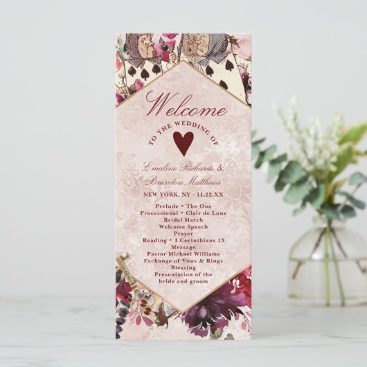 Alice in Wonderland Elegante huwelijksceremonie Programmakaart (Staand voorkant)