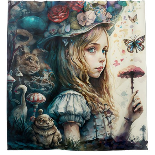Alice in Wonderland en de Magische paddenstoelen Douchegordijn (Voorkant)