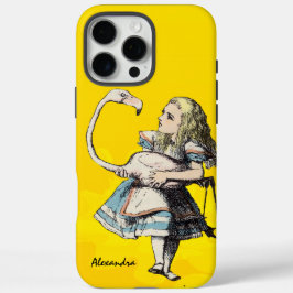 Alice in Wonderland en een Flamingo op Geel iPhone 16 Pro Max Hoesje