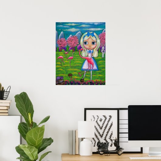 Alice in Wonderland en Flamingos Rabbit Hedgel Poster (Thuiskantoor)