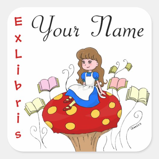 Alice in Wonderland Ex Libris boekenlabel Vierkante Sticker (Voorkant)