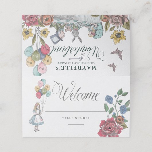 Alice in Wonderland Fairytale Birthday Party Table Plaatskaartje (Buitenkant ongevouwen)