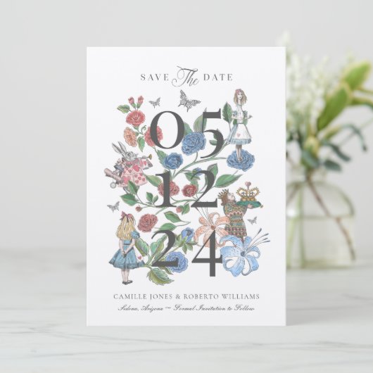 Alice in Wonderland Fairytale Storybook Save The Date (Staand voorkant)