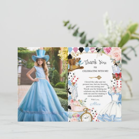 Alice in Wonderland Floral Birthday Tea Afbeelding Bedankkaart (Staand voorkant)