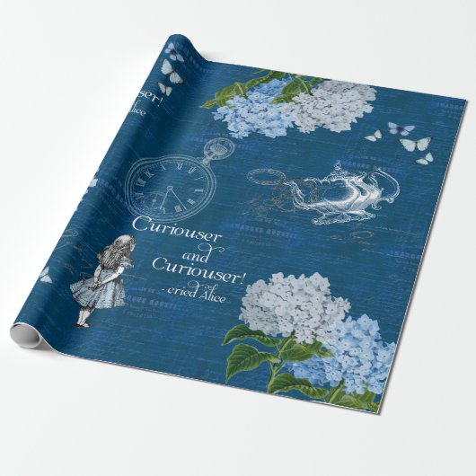 Alice in Wonderland Floral Blue Wrapping Paper Cadeaupapier (Uitgerold)