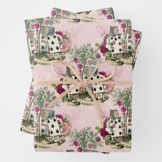 Alice in Wonderland Floral Cards op Roze Inpakpapier Vel (In situ)