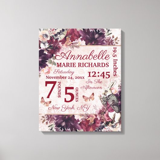 Alice in Wonderland Floral Custom Baby Birth Stats Canvas Afdruk (Voorkant)