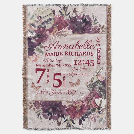 Alice in Wonderland Floral Custom Baby Birth Stats Deken (Voorkant Verticaal)