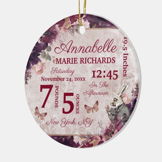 Alice in Wonderland Floral Custom Baby Birth Stats Keramisch Ornament (Links)