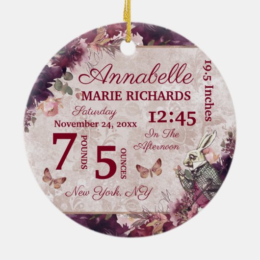 Alice in Wonderland Floral Custom Baby Birth Stats Keramisch Ornament (Achterkant)