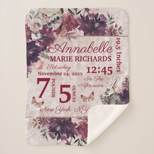 Alice in Wonderland Floral Custom Baby Birth Stats Sherpa Deken (Voorkant)