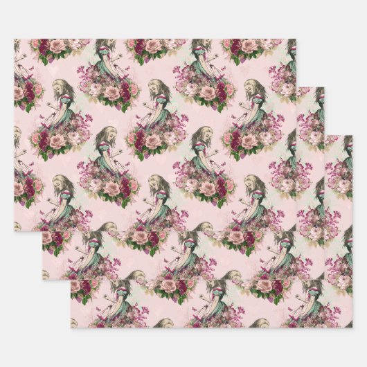 Alice in Wonderland Floral Pink Inpakpapier Vel (Set)
