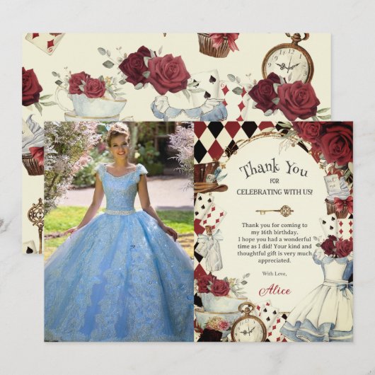 Alice in Wonderland Floral Sweet 16 Bridal Photo Bedankkaart (Voorkant / Achterkant)