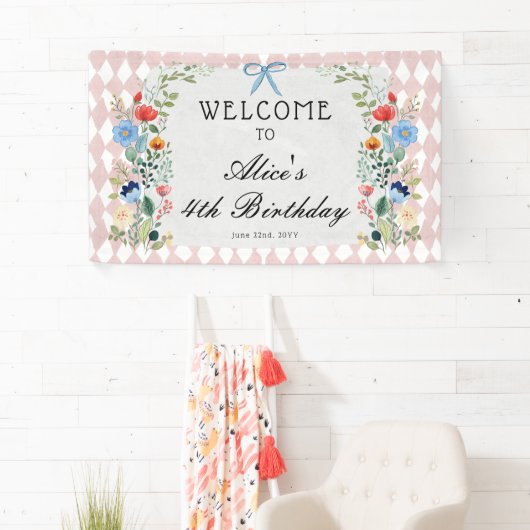 Alice in Wonderland Floral Verjaardagsfeest Spandoek (Insitu)