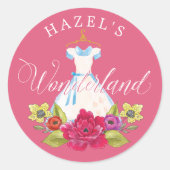 Alice in Wonderland Florals & Blauwe Jurk Verjaard Ronde Sticker (Voorkant)