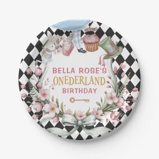 Alice in Wonderland Flower Frame 1st birthday Papieren Bordje (Voorkant)
