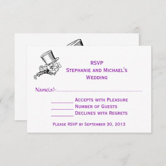 Alice in Wonderland Gekke Hoedenmaker Huwelijks RS RSVP Kaartje (Voorkant / Achterkant)