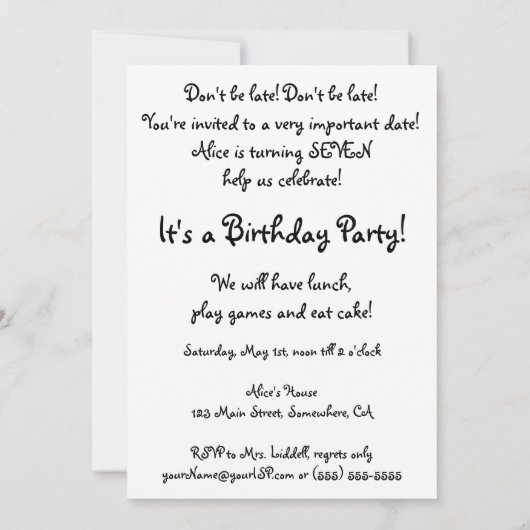  Alice in Wonderland Girl Birthday Party Kaart (Achterkant)