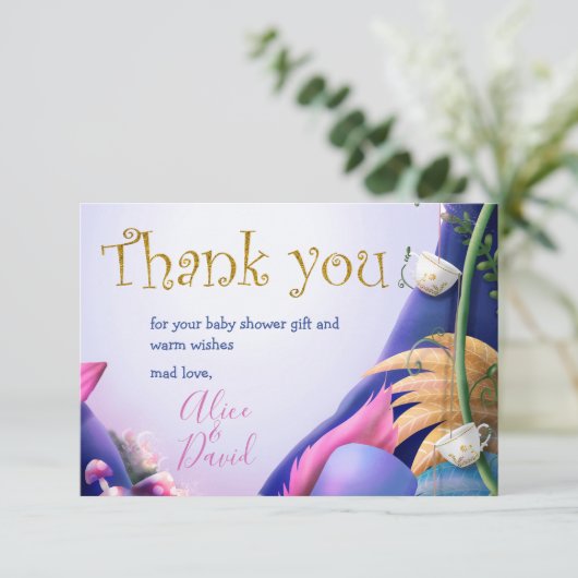 Alice in Wonderland, goudglitter, baby shower Bedankkaart (Staand voorkant)