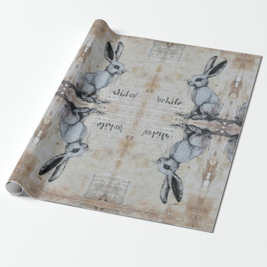 Alice in wonderland grillig wit konijn cadeaupapier (Uitgerold)
