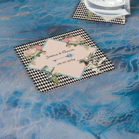 Alice in Wonderland Harlequin Zwart Blauw Bruiloft Kartonnen Onderzetters