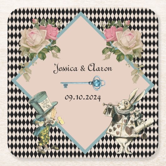 Alice in Wonderland Harlequin Zwart Blauw Bruiloft Kartonnen Onderzetters (Voorkant)