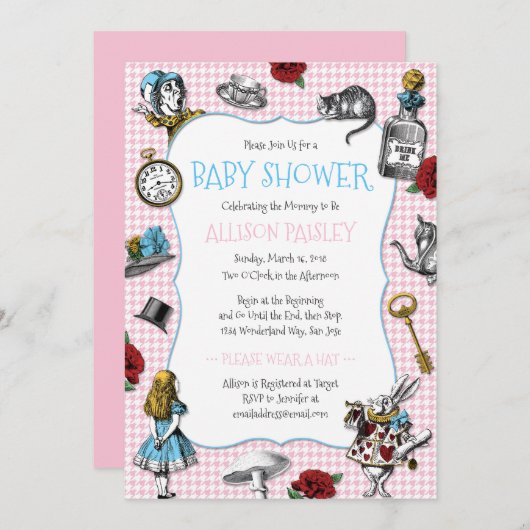 Alice in Wonderland Houndstooth Baby shower Kaart (Voorkant / Achterkant)