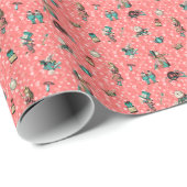 Alice in Wonderland in koraal/turquoise op floraal Cadeaupapier (Rol Hoek)