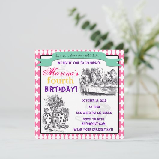 Alice in Wonderland Invitation - Birthday, Shower Kaart (Staand voorkant)