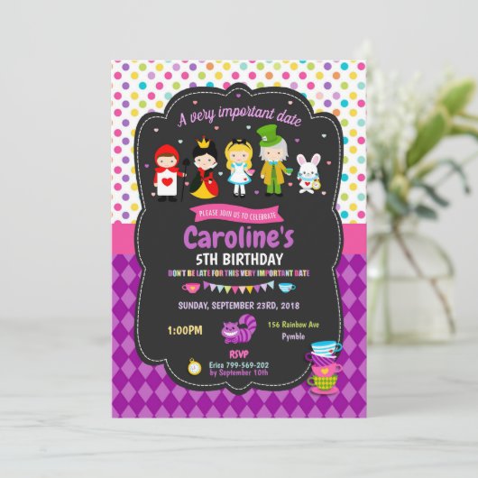 Alice in Wonderland Invitations Girls Birthday Kaart (Staand voorkant)