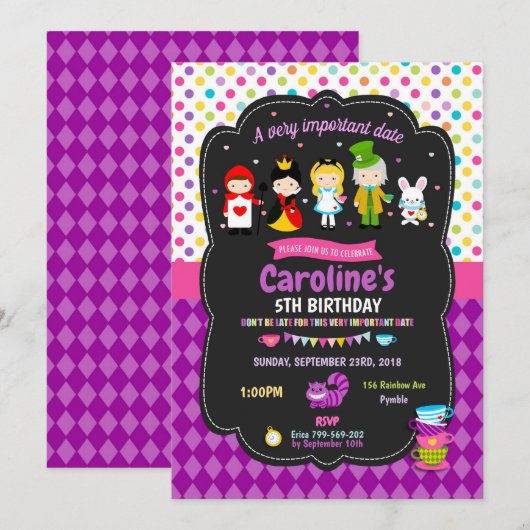 Alice in Wonderland Invitations Girls Birthday Kaart (Voorkant / Achterkant)