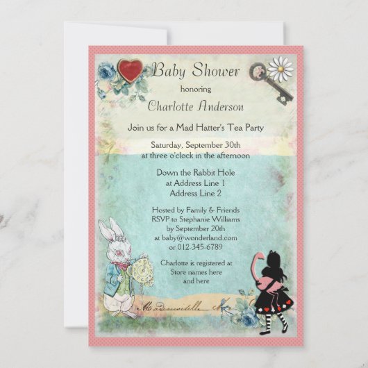 Alice in Wonderland is niet te laat Baby shower ro Kaart (Achterkant)
