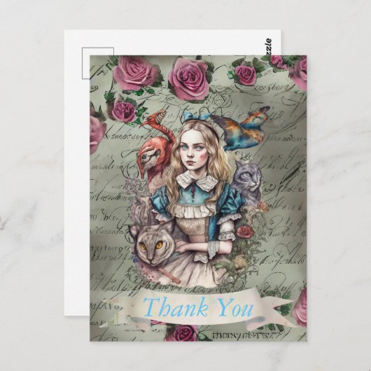 Alice in Wonderland kaart met plat ontwerp om dank (Voorkant / Achterkant)