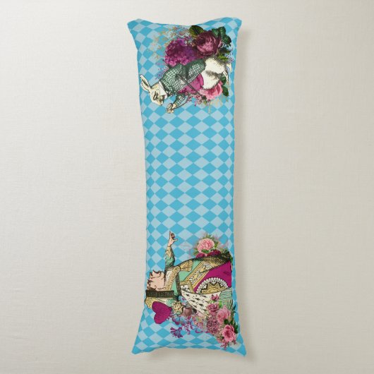 Alice in Wonderland Karakters op Blue Harlequin Lichaamskussen (Voorkant Verticaal)