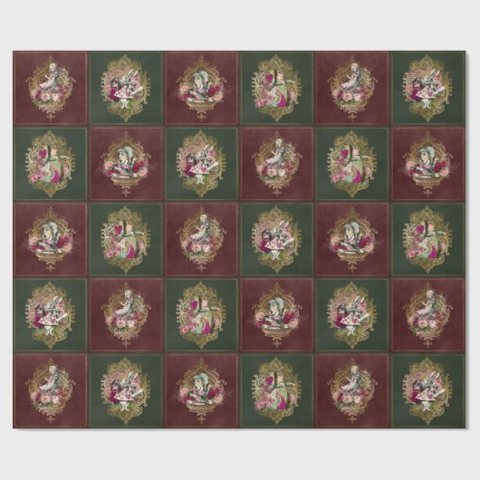 Alice in Wonderland Karakters op rood/groen & goud Cadeaupapier (Vlak)