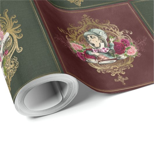 Alice in Wonderland Karakters op rood/groen & goud Cadeaupapier (Rol Hoek)