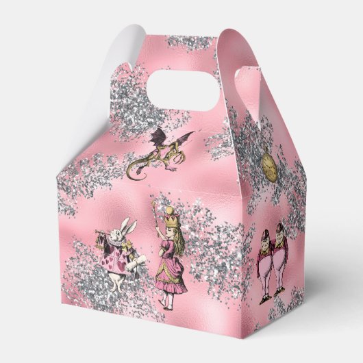 Alice in Wonderland Karakters op Roze en Zilver Bedankdoosjes (Achterkant)