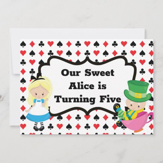 Alice in Wonderland Kinder Black Red Birthday Part Kaart (Voorkant)