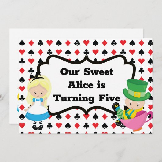 Alice in Wonderland Kinder Black Red Birthday Part Kaart (Voorkant / Achterkant)