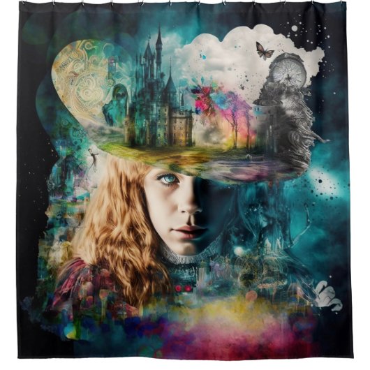 Alice in Wonderland | Klok en City Skyline Douchegordijn (Voorkant)