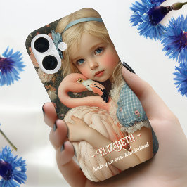 Alice in Wonderland knuffelt een roze flamingo iPhone 16 Hoesje