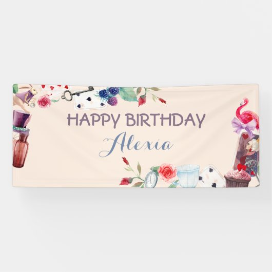 Alice in Wonderland Konijn Thee Sleutel Klok Roos Spandoek (Horizontaal)