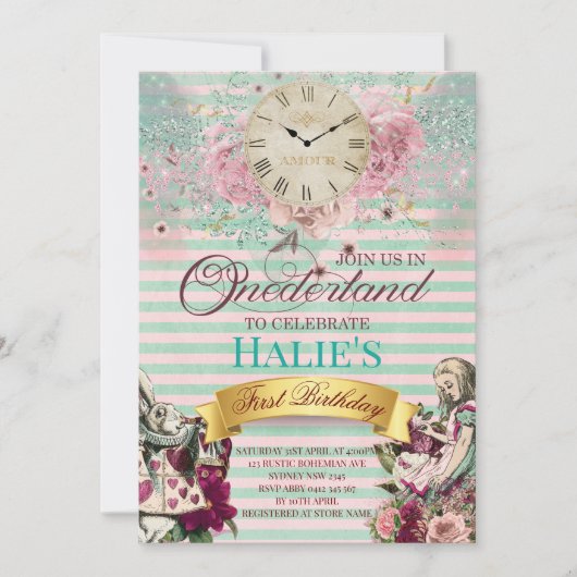 Alice in Wonderland Krijtbord Eerste Verjaardag Kaart (Voorkant)