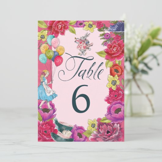 Alice in Wonderland Levendige Bloemen Tafelnummer (Staand voorkant)