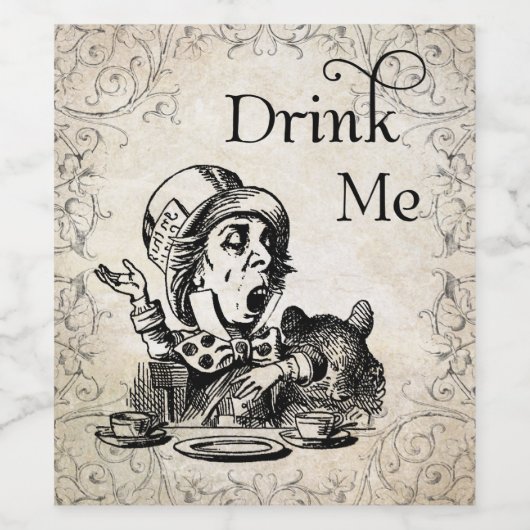 Alice in Wonderland Mad Hatter Drink Me Bottle Wijn Etiket (Enkel label)