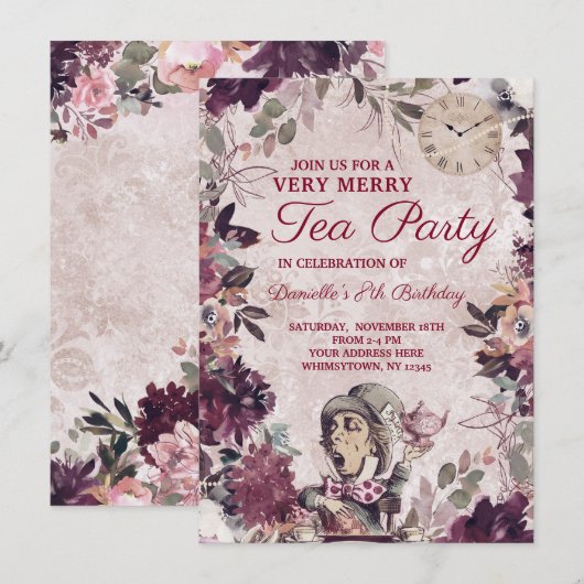 Alice in Wonderland Mad Hatter Verjaardag Tea Part Kaart (Voorkant / Achterkant)