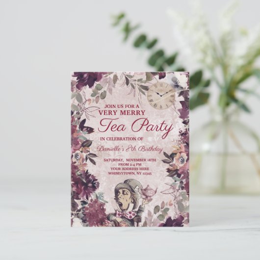 Alice in Wonderland Mad Hatter Verjaardag Tea Part Uitnodiging Briefkaart (Staand voorkant)