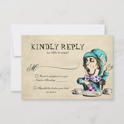  Alice in Wonderland Mad Hatter Wedding RSVP Kaartje (Voorkant)