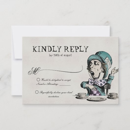  Alice in Wonderland Mad Hatter Wedding RSVP Kaartje (Voorkant)